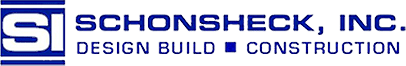 Schonsheck Inc. logo: Design, Build, Construction services branding in blue and white text.
